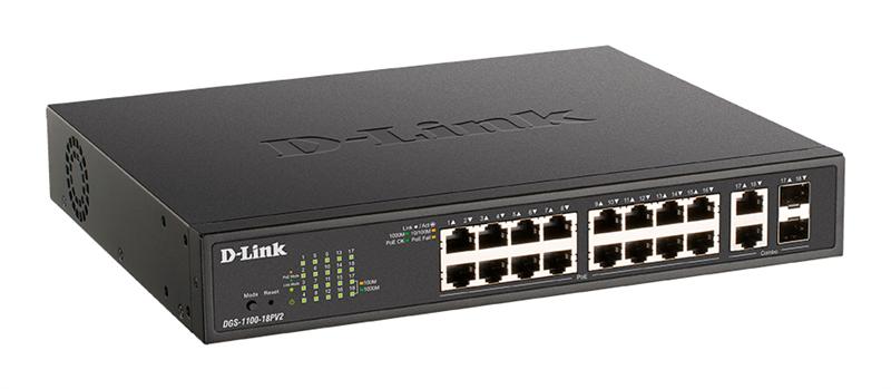 Коммутатор D-Link EasySmart L2 Switch 16х1000Base-T PoE, 2xCombo 1000Base-T/SFP, PoE Budget 130W