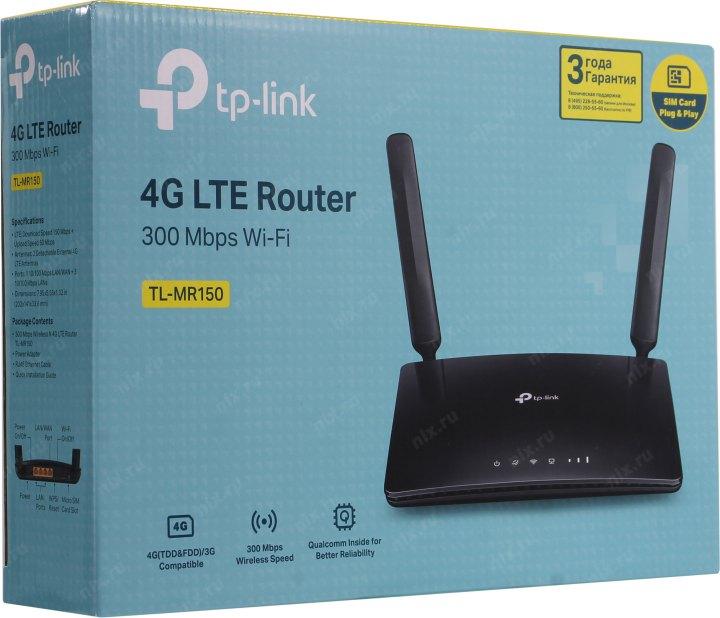  TP-Link TL-MR150, N300 Wi-Fi роутер со встроенным модемом 4G LTE до 150 Мбит/с, до 300 Мбит/с на 2,4 ГГц, 2 антенны, 3xLAN 100 Мбит/с, 1xWAN/LAN 100 Мбит/c