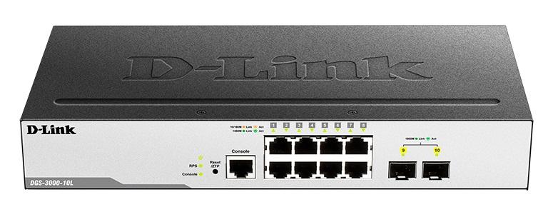 Коммутатор D-Link DGS-3000-10L/B1A, L2 Managed Switch with 8 10/100/1000Base-T ports and 2 1000Base-X SFP ports.16K Mac address, 802.3x Flow Control, 4K of 802.1Q VLAN, VLAN Trunking, 802.1p Priority Queues, Tr