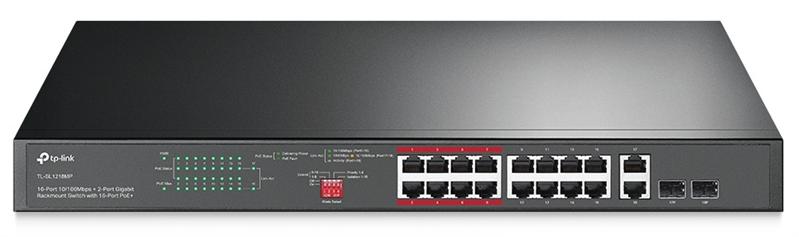  TP-Link 16-портовый 10/100Мбит PoE+ коммутатор, 16 портов RJ45 10/100 Мбит/с + 2 гигабитных комбинированных SFP-слота,  до 192 Ватт питание по PoE, 19"