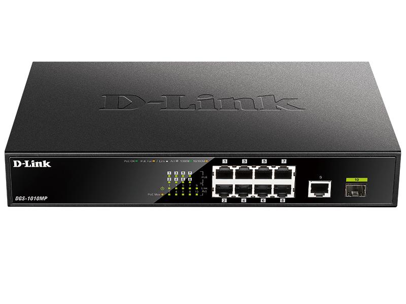 Коммутатор D-Link DGS-1010MP/A1A, L2 Unmanaged Switch with 9 10/100/1000Base-T ports  and 1 1000Base-X SFP  ports(8 PoE ports 802.3af/802.3at (30 W), PoE Budget 125 W)