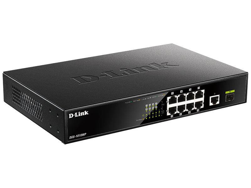 Коммутатор D-Link DGS-1010MP/A1A, L2 Unmanaged Switch with 9 10/100/1000Base-T ports  and 1 1000Base-X SFP  ports(8 PoE ports 802.3af/802.3at (30 W), PoE Budget 125 W)