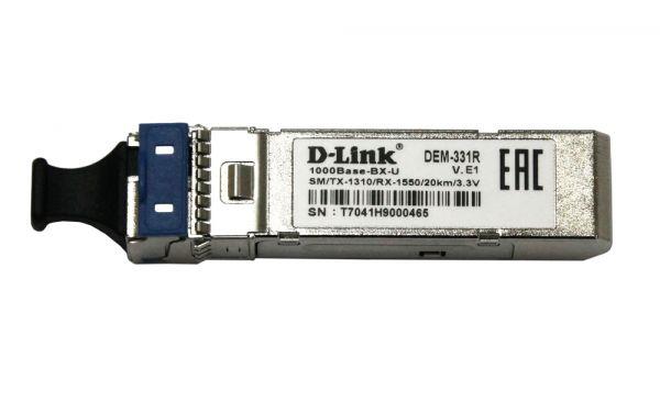 Модуль D-Link 331R/20KM/A1A, WDM SFP Transceiver with 1 1000Base-BX-U port. Up to 20km, single-mode Fiber, Simplex LC connector, Transmitting and Receiving wavelength: TX-1310nm, RX-1550nm, 3.3V power.