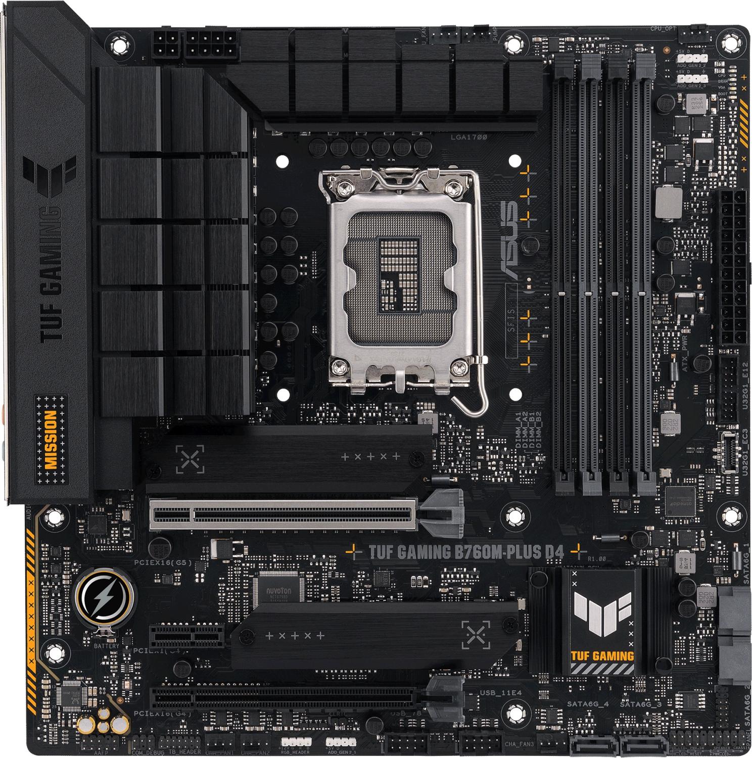 Материнская плата ASUS TUF GAMING B760M-PLUS D4, LGA1700, B760, 4*DDR4, HDMI+DP, 4xSATA3 + RAID, M2, Audio, Gb LAN, USB 3.2, USB 2.0, mATX; 90MB1DI0-M0EAY0