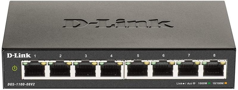 Коммутатор D-Link DGS-1100-08V2/A1A, L2 Smart Switch with 8 10/100/1000Base-T ports4K Mac address, 802.3x Flow Control,32 802.1Q VLAN, VID range 1-4094, Jumbo  9216 bytes, IGMP Snooping, Loopback Detection, Cab