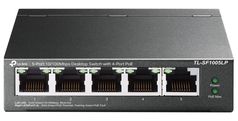  TP-Link 5-портовый 10/100 Мбит/с неуправляемый коммутатор с 4 портами PoE, металлический корпус, бюджет PoE — 41 Вт.