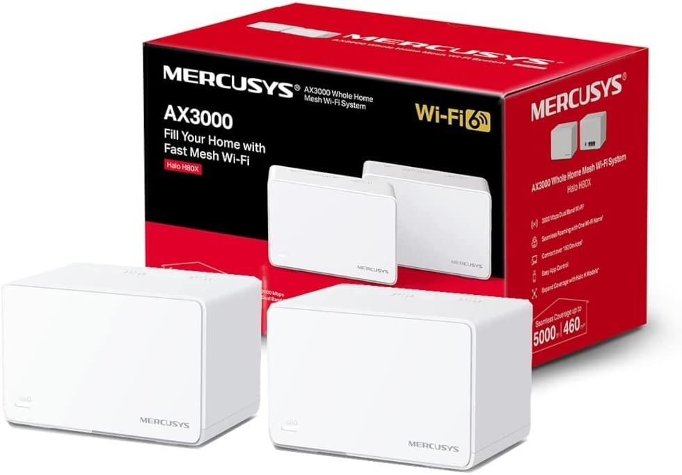 Домашний роутер MERCUSYS AX3000 Домашняя Mesh Wi-Fi 6 система, до 574 Мбит/с на 2,4 ГГц + до 2402 Мбит/с на 5 ГГц, встр. антенны, 3 гиг. порта на каждом модуле с автораспознаванием WAN/LAN, 2 шт.