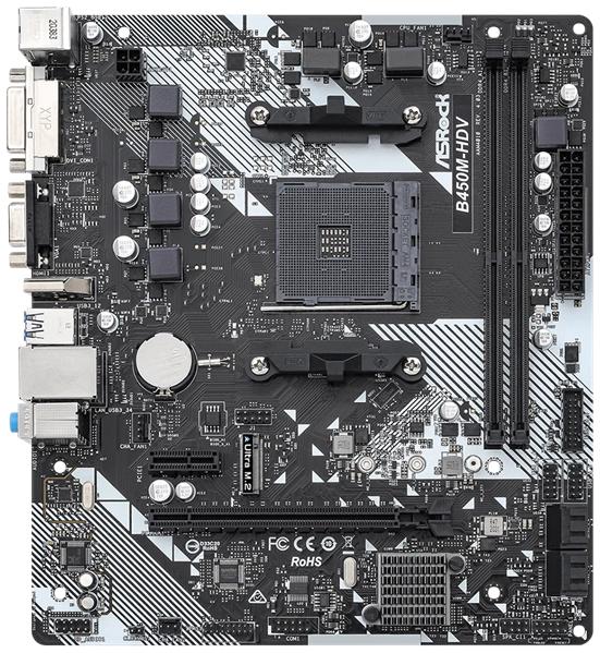 Материнская плата ASROCK B450M-HDV R4.0, AM4, B450, 4*DDR5, HDMI+D-Sub+DVI, 4xSATA3 6.0, M.2 Socket, 4xUSB 3.1, 2xUSB 2.0, mATX; 90-MXB9N0-A0UAYZ