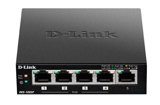 Коммутатор D-Link DES-1005P/B1A, L2 Unmanaged Switch with 5 10/100Base-TX ports (4 PoE ports 802.3af/802.3at (30 W), PoE Budget 60).2K Mac address, Auto-sensing, 802.3x Flow Control, Stand-alone, Auto MDI/MDI-X