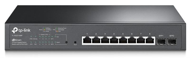  TP-Link JetStream™ 10-портовый гигабитный Smart коммутатор с 8 портами PoE+, 2 гигабитных SFP-слота, 802.3at/af, бюджет PoE — 150 Вт, стальной корпус 1U 13"