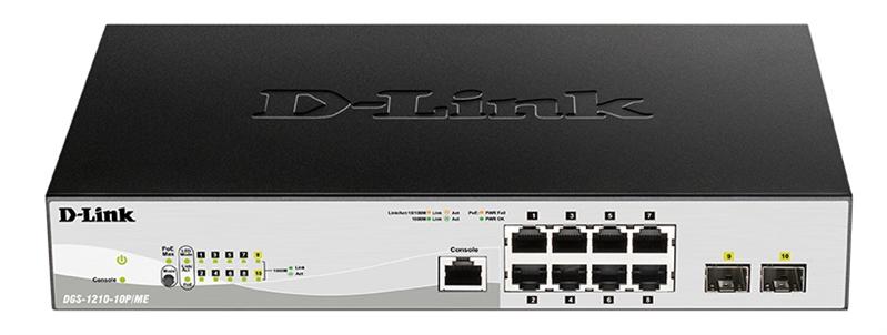 Коммутатор D-Link DGS-1210-10P/ME/B1A, L2 Managed Switch with  8 10/100/1000Base-T ports and 2 1000Base-X SFP ports (8 PoE ports 802.3af/802.3at (30 W), PoE Budget 78 W).16K Mac address, 802.3x Flow Control, 4K