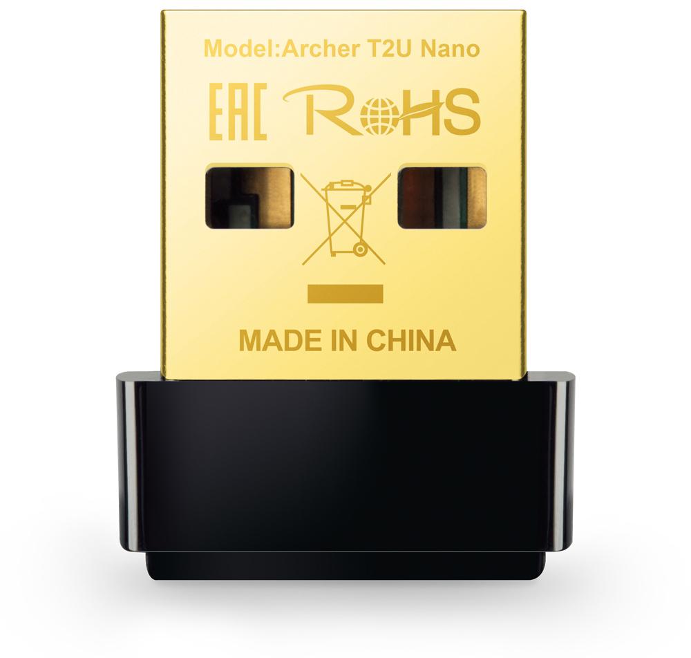  TP-Link Archer T2U Nano, AC600 Двухдиапазонный ультракомпактный Wi-Fi USB адаптер, до 200 Мбит/с на 2,4 ГГц + до 433 Мбит/с на 5 ГГц, USB 2.0