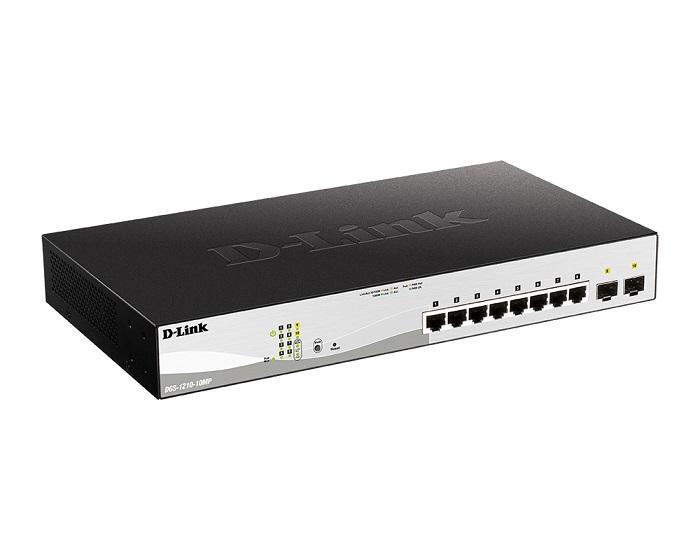 Коммутатор D-Link DGS-1210-10MP/F1A, PROJ L2 Smart Switch with  8 10/100/1000Base-T ports and 2 100/1000Base-X SFP ports (8 PoE ports 802.3af/802.3at (30 W), PoE Budget 130 W).8K Mac address, 802.3x Flow Contro