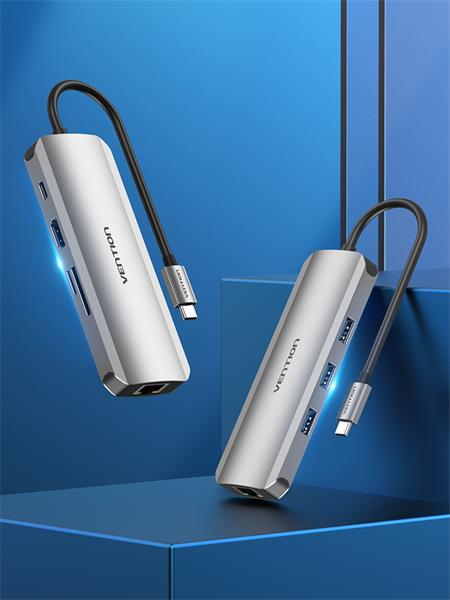 Док-станция Vention Multi-function USB-C to HDMI/USB3.0x3/RJ45/SD/TF/PD Docking Station 0.15M Gray Aluminum Alloy Type