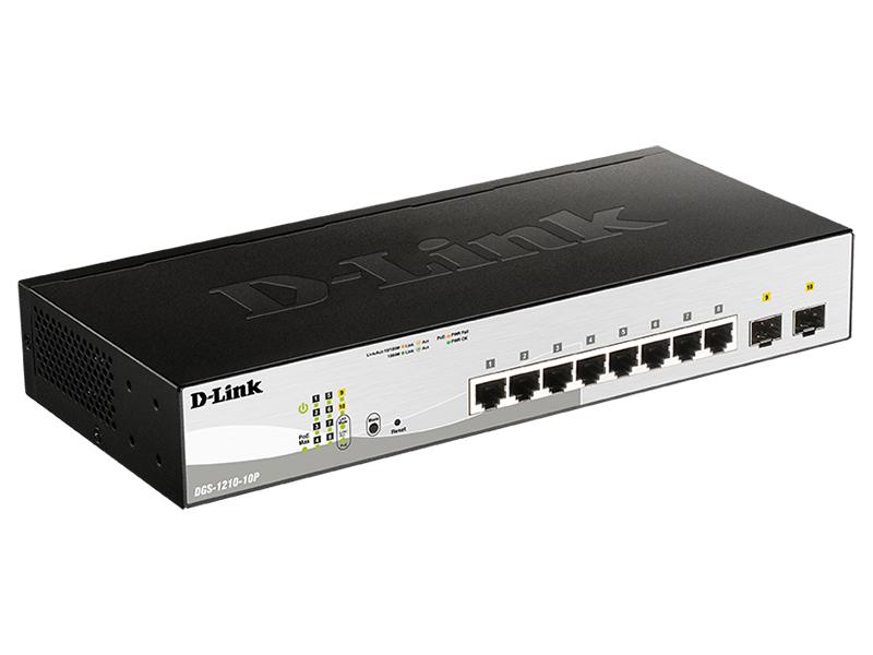 Коммутатор D-Link DGS-1210-10P/F3A, L2 Smart Switch with  8 10/100/1000Base-T ports and 2 1000Base-X SFP ports (8 PoE ports 802.3af/802.3at (30 W), PoE Budget 78 W).16K Mac address, 802.3x Flow Control, 4K of 8