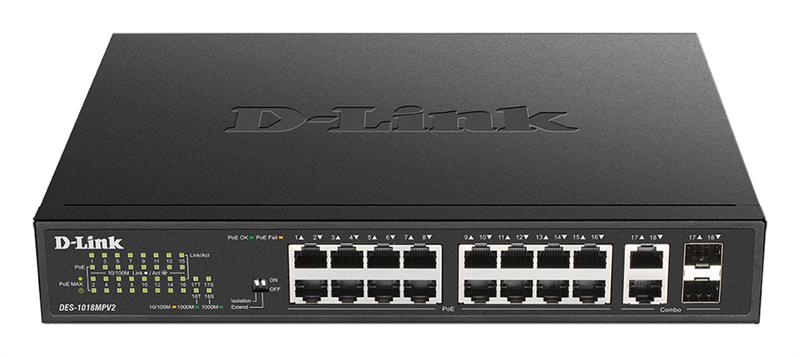 Коммутатор D-Link Unmanaged Switch 16x100Base-TX PoE, 2xCombo 1000Base-T/SFP, PoE Budget 247W, Long-range PoE up to 250m, metal case