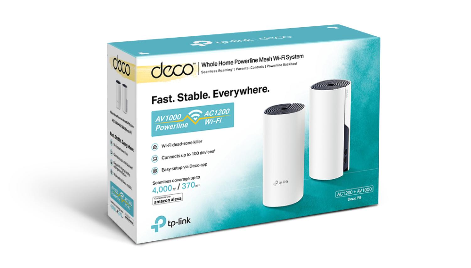  TP-Link Deco P9(2-pack), AC1200 Домашняя Mesh Wi-Fi система, 2 устройства, до 300 Мбит/с на 2,4 ГГц + до 867 Мбит/с на 5 ГГц + Powerline до 1000 Мбит/с, 2 встр. антенны, 2 гиг. порта (WAN/LAN)