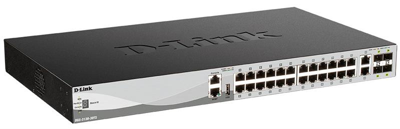 Коммутатор D-Link DGS-3130-30TS/B1A, PROJ L2+ Managed Switch with 24 10/100/1000Base-T ports and 2 10GBase-T ports and 4 10GBase-X SFP+ ports.16K Mac address, SIM,  USB port, IPv6, SSL v3, 802.1Q VLAN,GVRP, 80