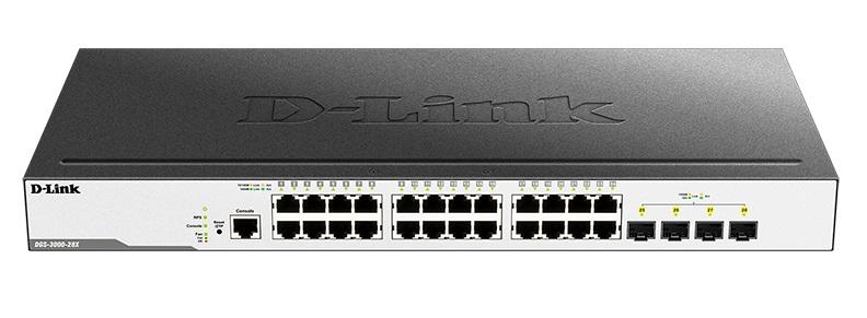 Коммутатор D-Link DGS-3000-28X/B, L2 Managed Switch with 24 10/100/1000Base-T ports and 4 10GBase-X SFP+ ports.16K Mac address, 802.3x Flow Control, 4K of 802.1Q VLAN, VLAN Trunking, 802.1p Priority Queues, Tra