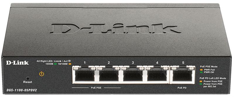 Коммутатор D-Link DGS-1100-05PDV2/A1A, L2 Smart Switch with 4 10/100/1000Base-T ports and 1 10/100/1000Base-T PD port(2 PoE ports 802.3af (15,4 W), PoE Budget 18W from 802.3at / 8W from 802.3af).2K Mac address,