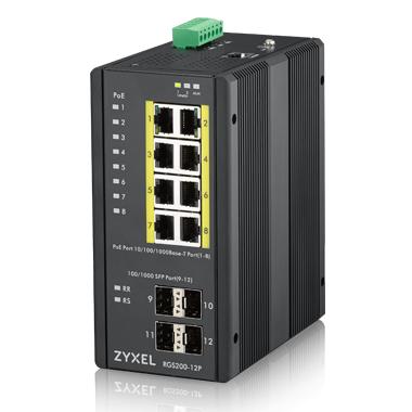  Промышленный L2 PoE+ коммутатор Zyxel RGS200-12P, 8xGE PoE+, 4xSFP, крепление на стену/DIN-рейку, IP30, два источника питания DC, бюджет PoE 240 Вт