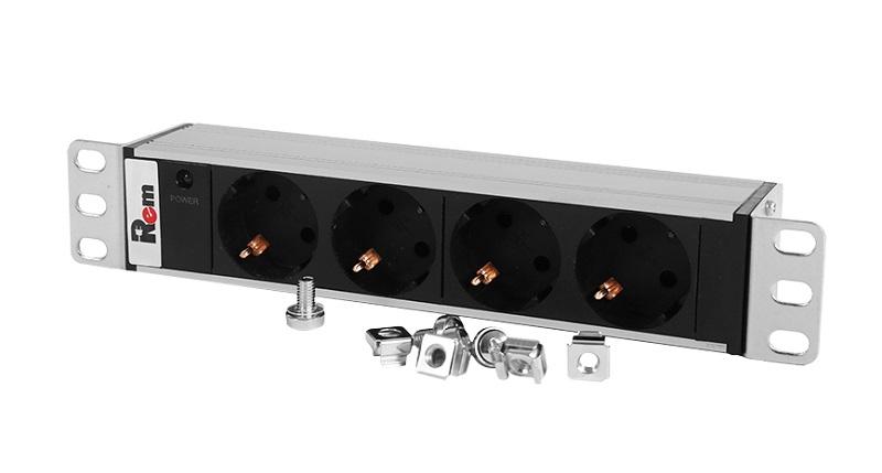  Блок розеток Rem-10 без шнура с инд., 4 Schuko, вход IEC 60320 C14, 10 A, алюм., 10"