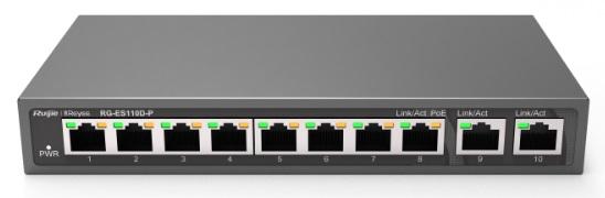 Коммутатор Reyee 8-Port 100Mbps + 2 Uplink Port 1000Mbps, 8 of the ports support PoE/PoE+ power supply. Max PoE power budget is 110W, unmanaged switch, desktop