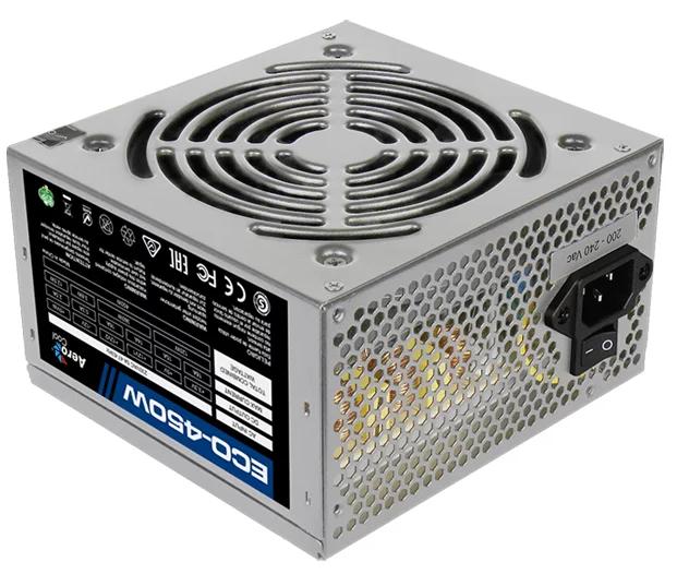 Блок питания Aerocool 450W Retail ECO-450W ATX v2.3 Haswell, fan 12cm, 400-mm cable, power cord, 20+4P, 12V 4P, 1x PCI-E 6P, 2x SATA, 2x PATA, 1x FDD