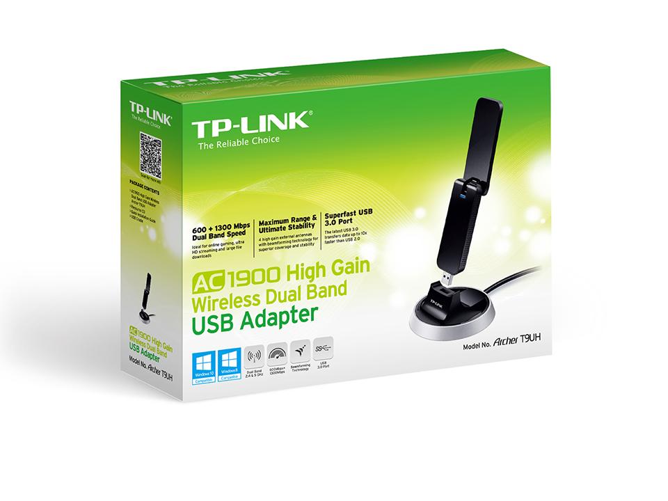  TP-Link Archer T9UH, AC1900 Двухдиапазонный Wi Fi USB адаптер, до 600 Мбит/с на 2,4 ГГц + до 1300 Мбит/с на 5 ГГц, 4 внешние антенны с высоким коэффициентом усиления, USB 3.0, подставка кабелем