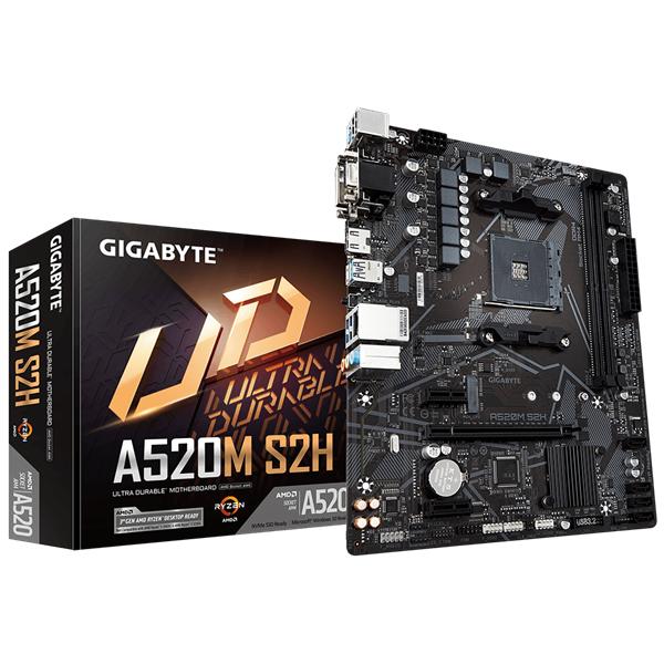 Мат. плата GIGABYTE A520M S2H, AM4, A520, 2*DDR4, D-Sub+DVI-D+HDMI,  4 SATA 6 Гб/с, M2, Audio, Gb LAN, USB 3.2, USB 2.0, COM*1 header, mATX