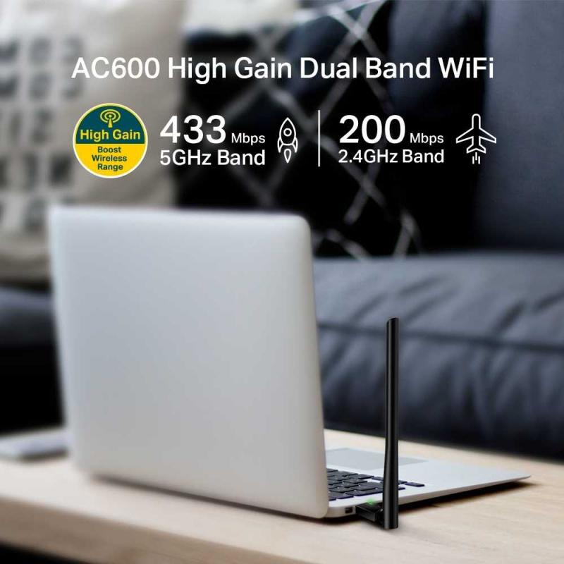  TP-Link Archer T2U Plus, AC600 Двухдиапазонный Wi Fi USB адаптер высокого усиления, до 200 Мбит/с на 2,4 ГГц + до 433 Мбит/с на 5 ГГц, 1 внешняя антенна с высоким коэффициентом усиления, USB 2.0