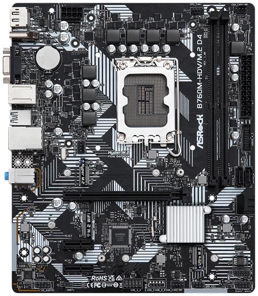 Материнская плата ASROCK B760M-HDV/M.2 D4, LGA1700, B760, 4*DDR4, HDMI+DP+D-Sub, 4xSATA3 6.0 (RAID), M.2 Socket, 4xUSB 3.2, 1xUSB2.0, Type-C, mATX; 90-MXBL40-A0UAYZ