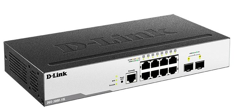 Коммутатор D-Link DGS-3000-10L/B1A, L2 Managed Switch with 8 10/100/1000Base-T ports and 2 1000Base-X SFP ports.16K Mac address, 802.3x Flow Control, 4K of 802.1Q VLAN, VLAN Trunking, 802.1p Priority Queues, Tr