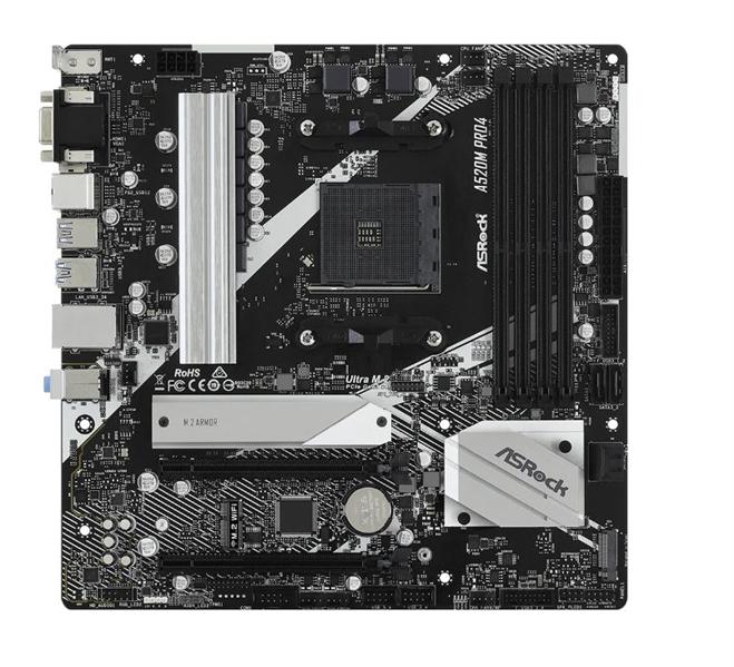 Материнская плата ASROCK A520M PRO4, AM4, A520, 4*DDR4, HDMI+DP+D-Sub, 4xSATA3 6.0 RAID, M.2 Socket, 6xUSB 3.2, Type-C, 2xUSB 2.0, mATX; 90-MXBDU0-A0UAYZ