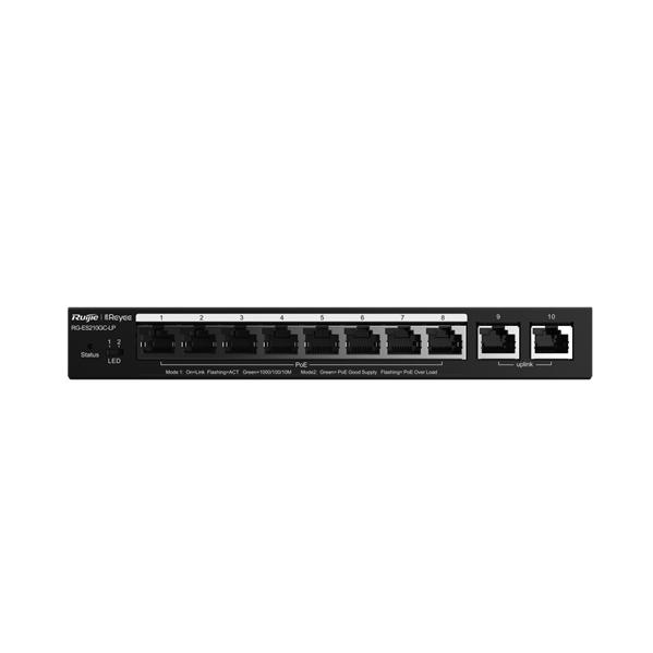 Коммутатор Reyee 10-Port Gigabit Smart POE Switch, 8 PoE/POE+ Ports with 2 Gigabit RJ45 uplink ports, 70W PoE power budget, Desktop Steel Case