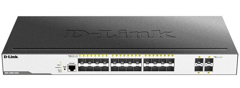 Коммутатор D-Link DGS-3000-28XS/B1A, L2 Managed Switch with 24 1000Base-X SFP ports and 4 10GBase-X SFP+ ports.16K Mac address, 802.3x Flow Control, 4K of 802.1Q VLAN, VLAN Trunking, 802.1p Priority Queues, Tra