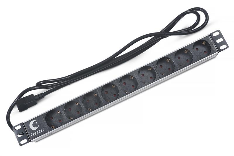  Cabeus PDU-9P-2IEC Блок евророзеток для 19" шкафов, горизонтальный, 9 розеток, 10 A, без выключателя, алюминиевый корпус, шнур 2 м, вилка IEC 320 C14