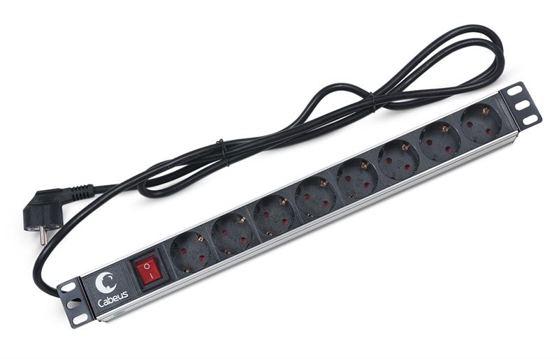  Cabeus PDU-8P-2EU Блок евророзеток для 19" шкафов, горизонтальный, 8 розеток, 16 A, выключатель, шнур 2м, алюминиевый корпус, немецкий стандарт
