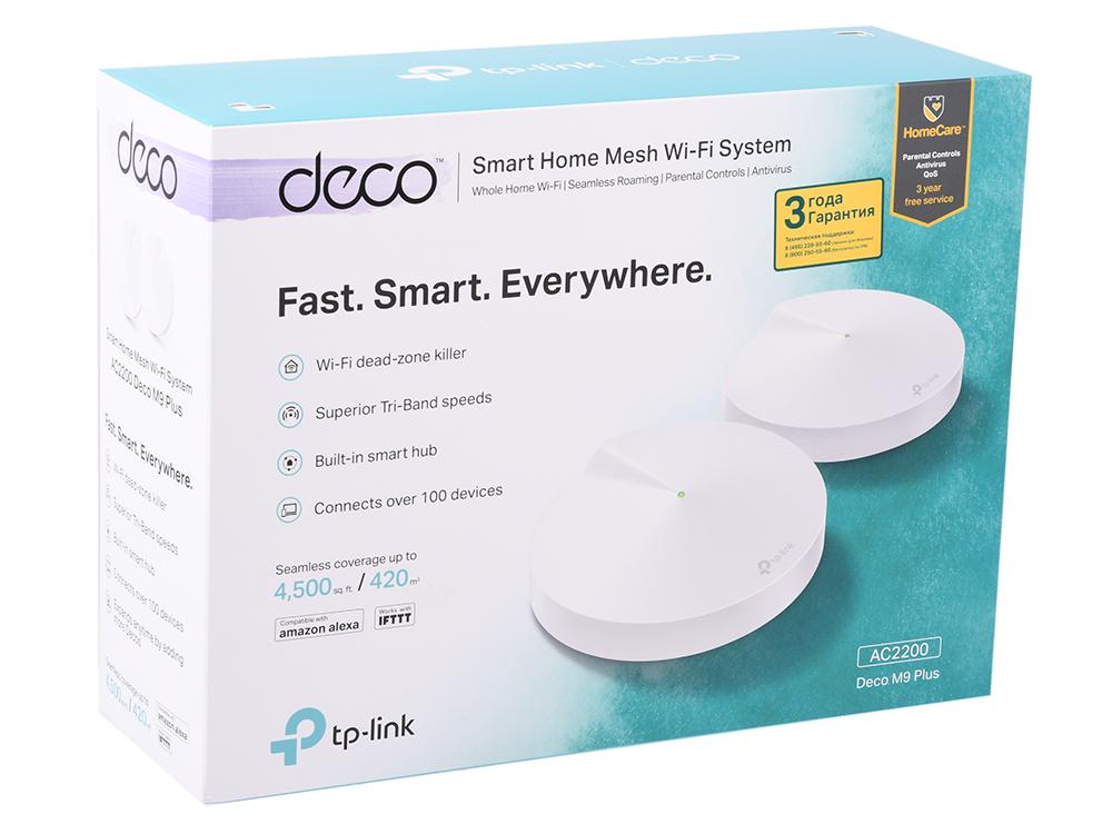  TP-Link Deco M9 Plus(2-pack), AC2200 Трёхдиапазонная домашняя Mesh Wi-Fi система, 2 устройства, до 400 Мбит/с на 2,4 ГГц + до 867 Мбит/с на 5 ГГц, 8 встр. антенн, 2 гиг. порта (WAN/LAN), 1xUSB 2.0