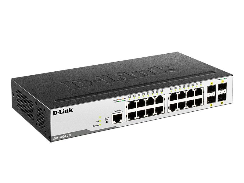 Коммутатор D-Link DGS-3000-20L/B1A, L2 Managed Switch with 16 10/100/1000Base-T ports and 4 1000Base-X SFP ports.16K Mac address, 802.3x Flow Control, 4K of 802.1Q VLAN, VLAN Trunking, 802.1p Priority Queues, T