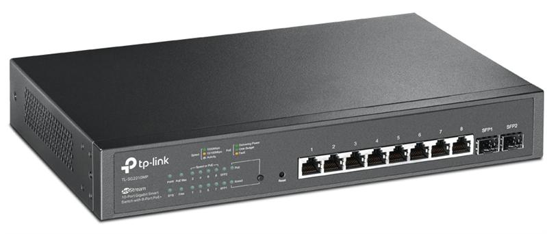  TP-Link JetStream™ 10-портовый гигабитный Smart коммутатор с 8 портами PoE+, 2 гигабитных SFP-слота, 802.3at/af, бюджет PoE — 150 Вт, стальной корпус 1U 13"