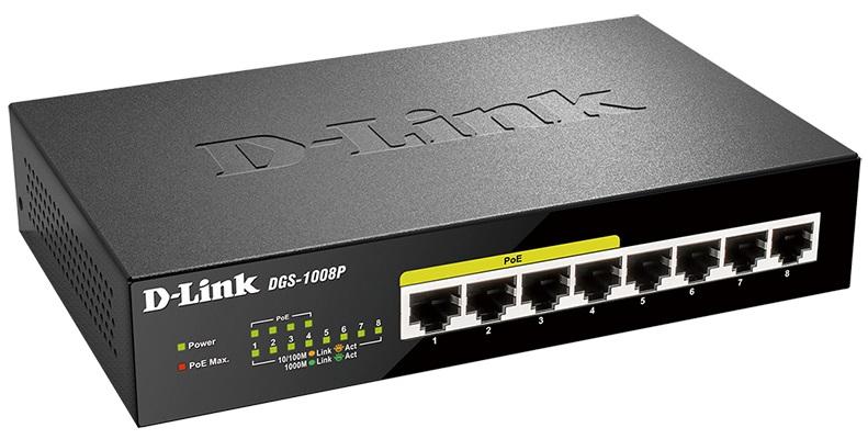 Коммутатор D-Link DGS-1008P/E1A, L2 Unmanaged Switch with 8 10/100/1000Base-T ports (4 PoE ports 802.3af/802.3at (30 W), PoE Budget 68).8K Mac address, Auto-sensing, 802.3x Flow Control, Stand-alone, Auto MDI/