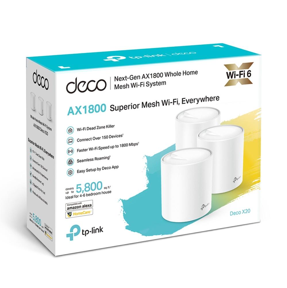  TP-Link Deco X20(3-pack), AX1800 Домашняя Mesh Wi-Fi 6 система, 3 устройства, до 574 Мбит/с на 2,4 ГГц + до 1201 Мбит/с на 5 ГГц, встр. антенны, 2 гиг. порта (WAN/LAN)