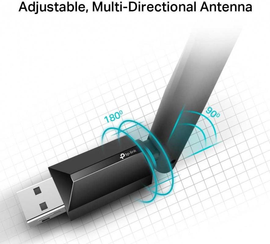  TP-Link Archer T2U Plus, AC600 Двухдиапазонный Wi Fi USB адаптер высокого усиления, до 200 Мбит/с на 2,4 ГГц + до 433 Мбит/с на 5 ГГц, 1 внешняя антенна с высоким коэффициентом усиления, USB 2.0
