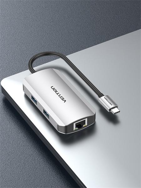 Порт-репликатор Vention USB-C to USB 3.0x3/RJ45/PD Hub 0.15M Gray Aluminum Alloy Type