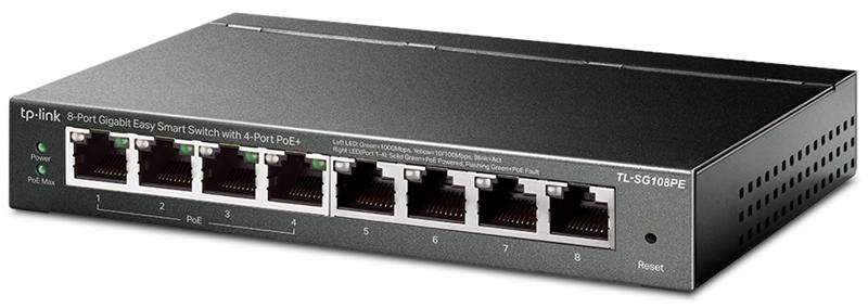  TP-Link 8-портовый гигабитный Easy Smart PoE-коммутатор, 8 гигабитных портов RJ45, 4 порта с поддержкой PoE, поддержка 802.3af, бюджет PoE до 55 Вт, стальной корпус