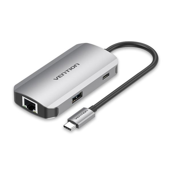 Порт-репликатор Vention USB-C to USB 3.0x3/RJ45/PD Hub 0.15M Gray Aluminum Alloy Type