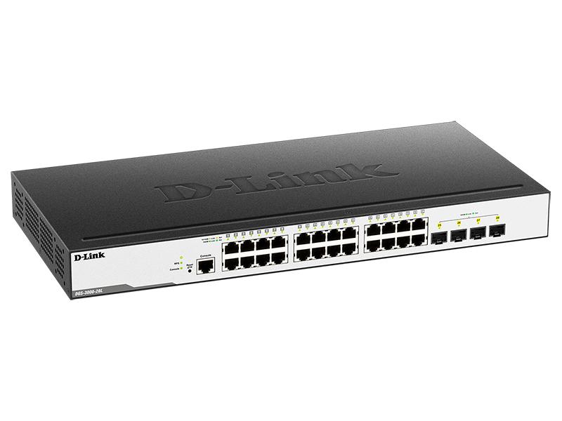 Коммутатор D-Link DGS-3000-28L/B1A, L2 Managed Switch with 24 10/100/1000Base-T ports and 4 1000Base-X SFP ports.16K Mac address, 802.3x Flow Control, 4K of 802.1Q VLAN, VLAN Trunking, 802.1p Priority Queues, T