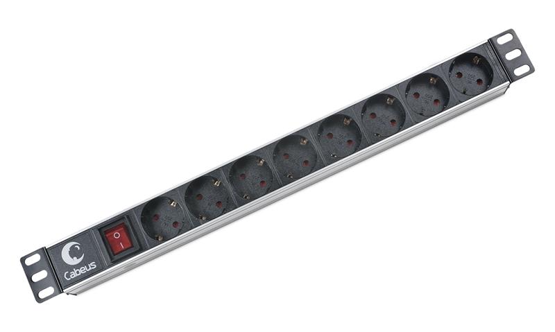  Cabeus PDU-8P Блок евророзеток для 19" шкафов, горизонтальный, 8 розеток, 10 A, выключатель, гнездо под шнур, алюминиевый корпус