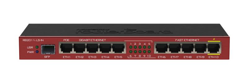 Маршрутизатор MikroTik RouterBOARD 2011iLS with Atheros 74K MIPS CPU, 64MB RAM, 1x SFP port, 5xLAN, 5XGbit LAN, RouterOS L4, desktop case, PSU